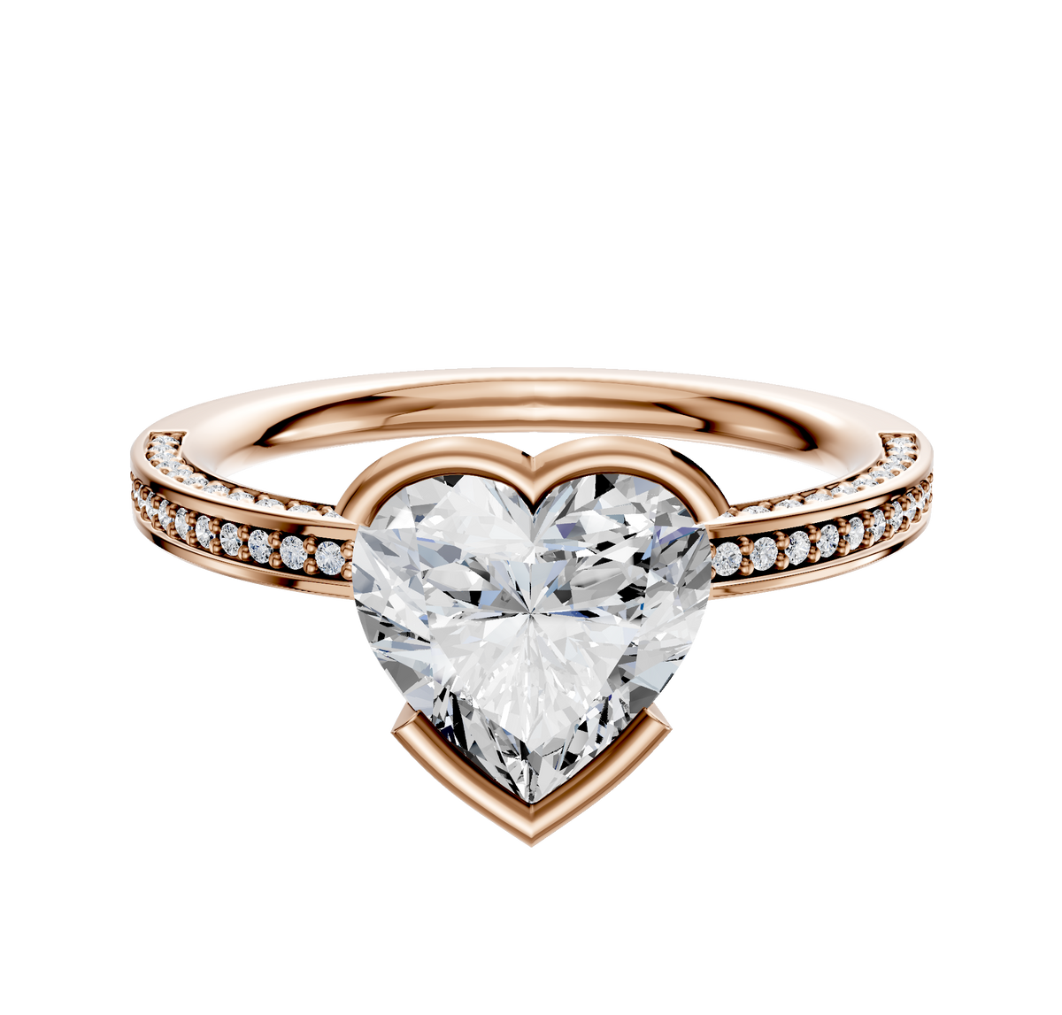 An 18K rose gold bezel half bezel east/west classic flat engagement ring with a 3-row pavé design and 2.0mm band, displayed against a white background.