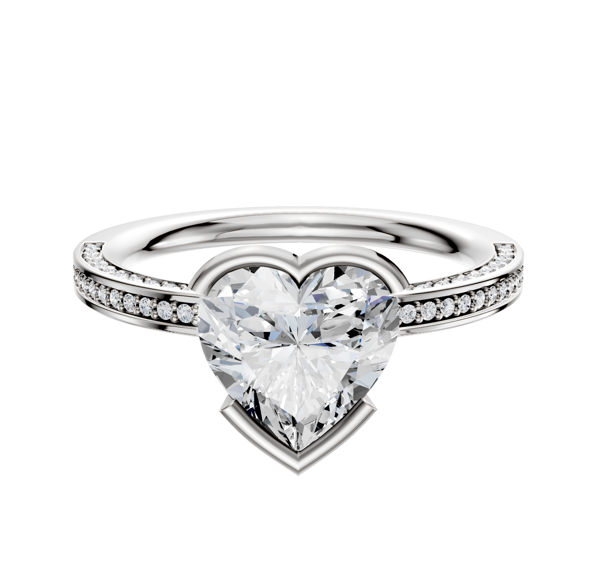 An 18K two-tone bezel half-bezel East/West classic flat 3-row-pave 2.0mm engagement ring with a heart-shaped diamond center and small round diamonds on the band, shown against a white backdrop.