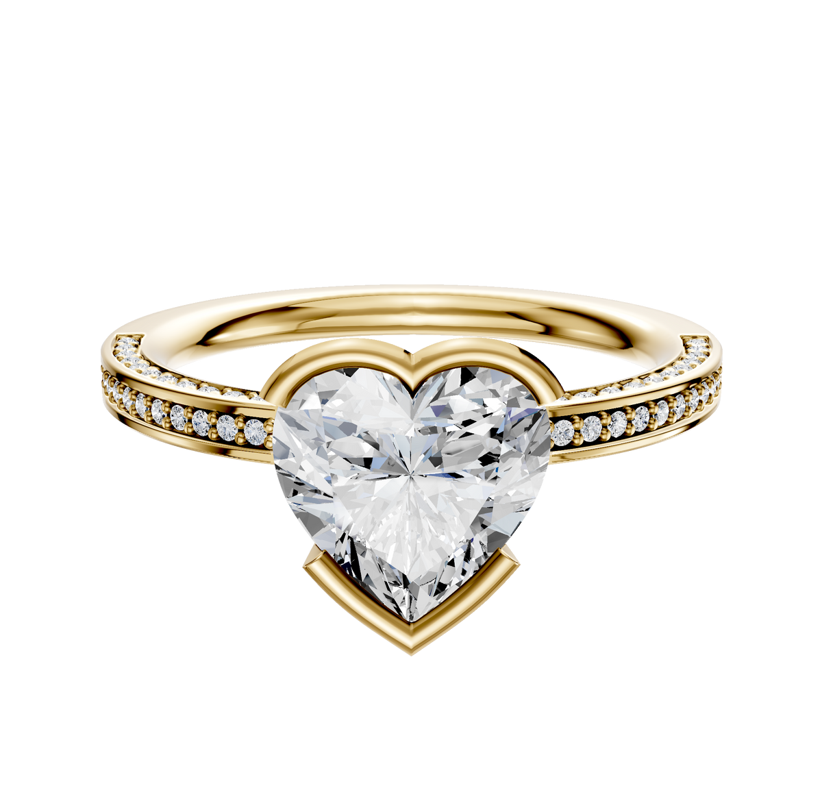 The 14K Yellow Gold Bezel Half Bezel East/West Classic Flat 3-Row-Pave 2.0mm Engagement Ring features a striking center and sparkling pave-set diamonds along the elegant band.