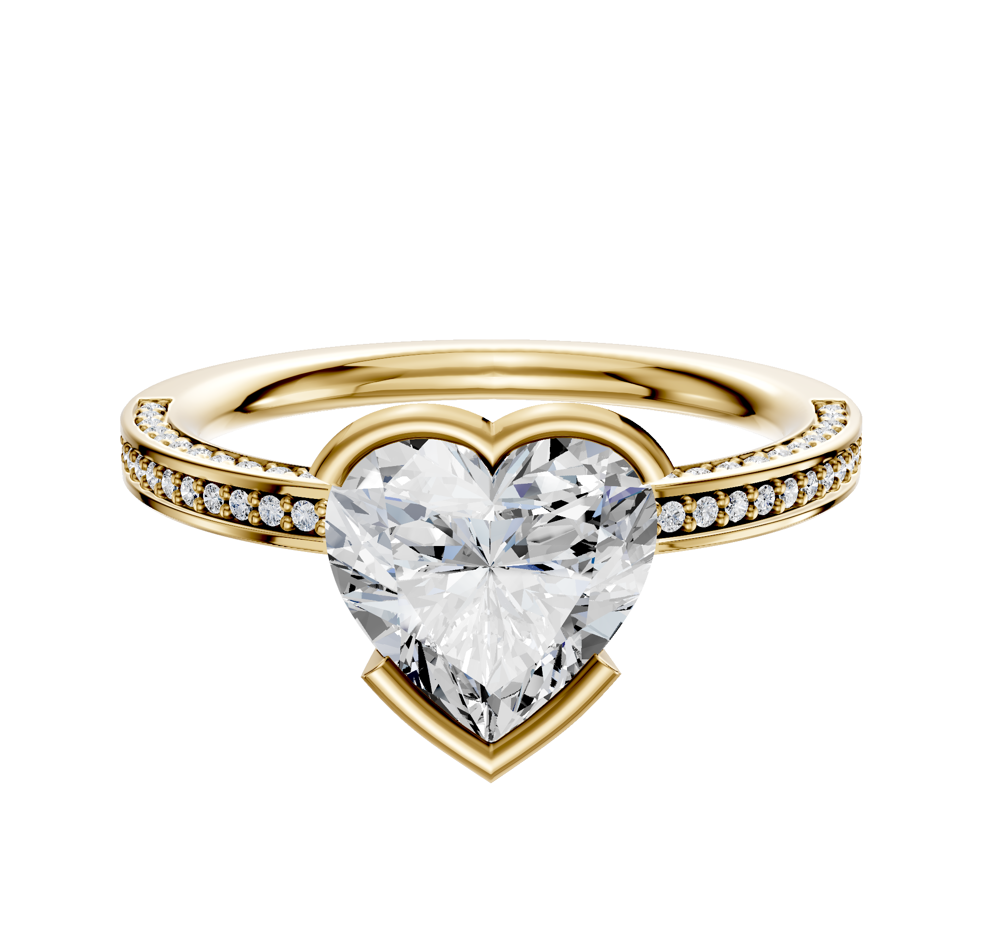 The 18K Yellow Gold Bezel Half Bezel East/West Classic Flat 3-Row-Pave 2.0mm Engagement Ring features a sleek gold band adorned with three rows of sparkling pave-set diamonds for a timeless, elegant look.