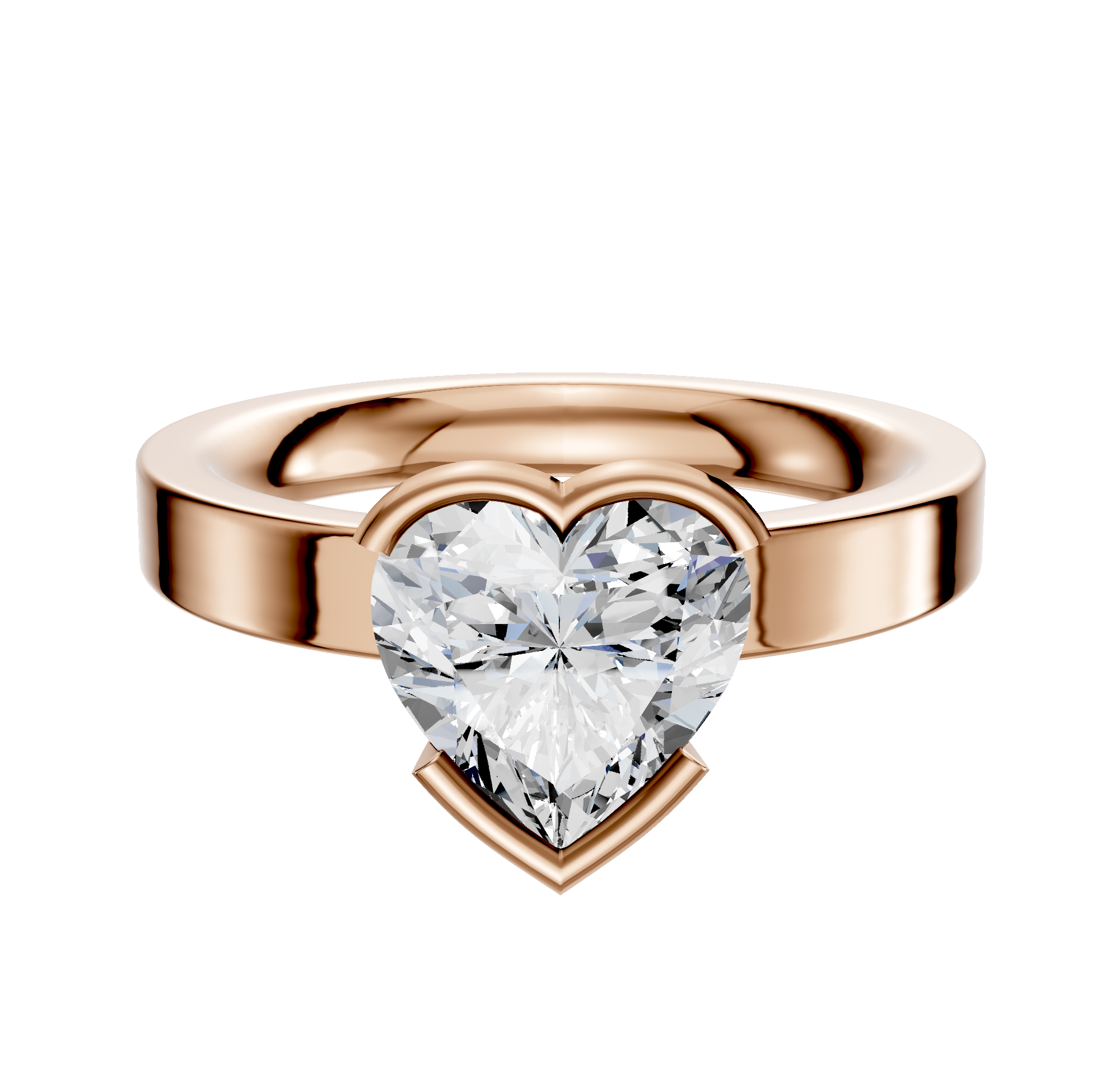 A 14K rose gold bezel half bezel east/west classic flat 3.0mm engagement ring with a thick band, showcased against a white background.