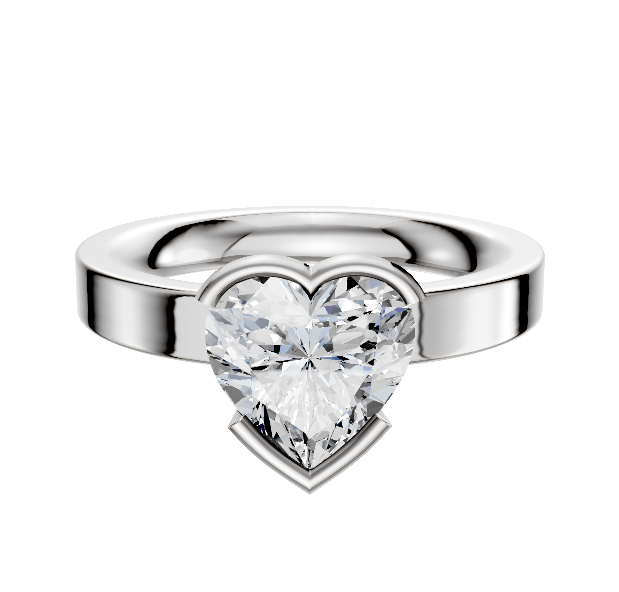 A 14K white gold bezel half bezel East/West classic flat 3.0mm engagement ring is displayed against a plain white background, highlighting its elegant and modern design.
