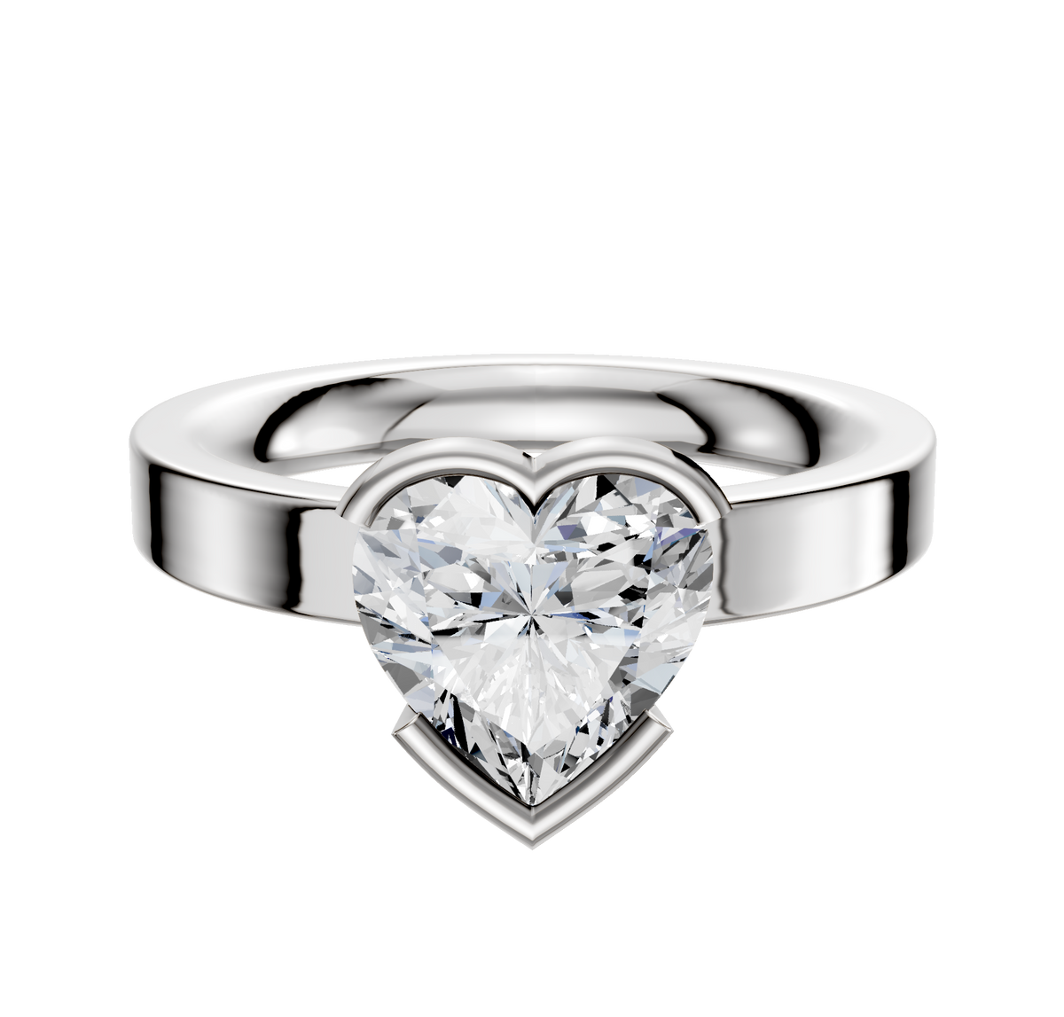 An 18K white gold bezel half bezel east/west classic flat 3.0mm engagement ring is displayed against a plain white background.