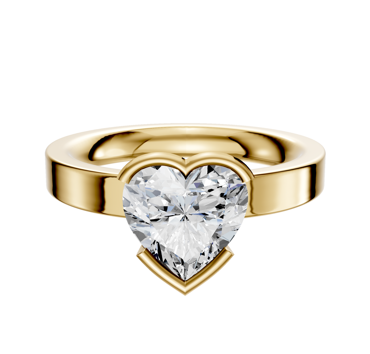 A 18K yellow gold engagement ring with a classic flat 3.0mm band in a half bezel east/west setting.