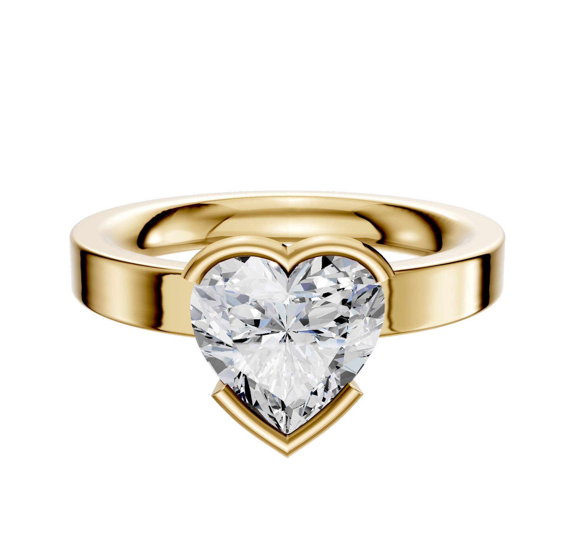 A 14K yellow gold bezel half-bezel East/West classic flat 3.0mm engagement ring is displayed against a plain white background.