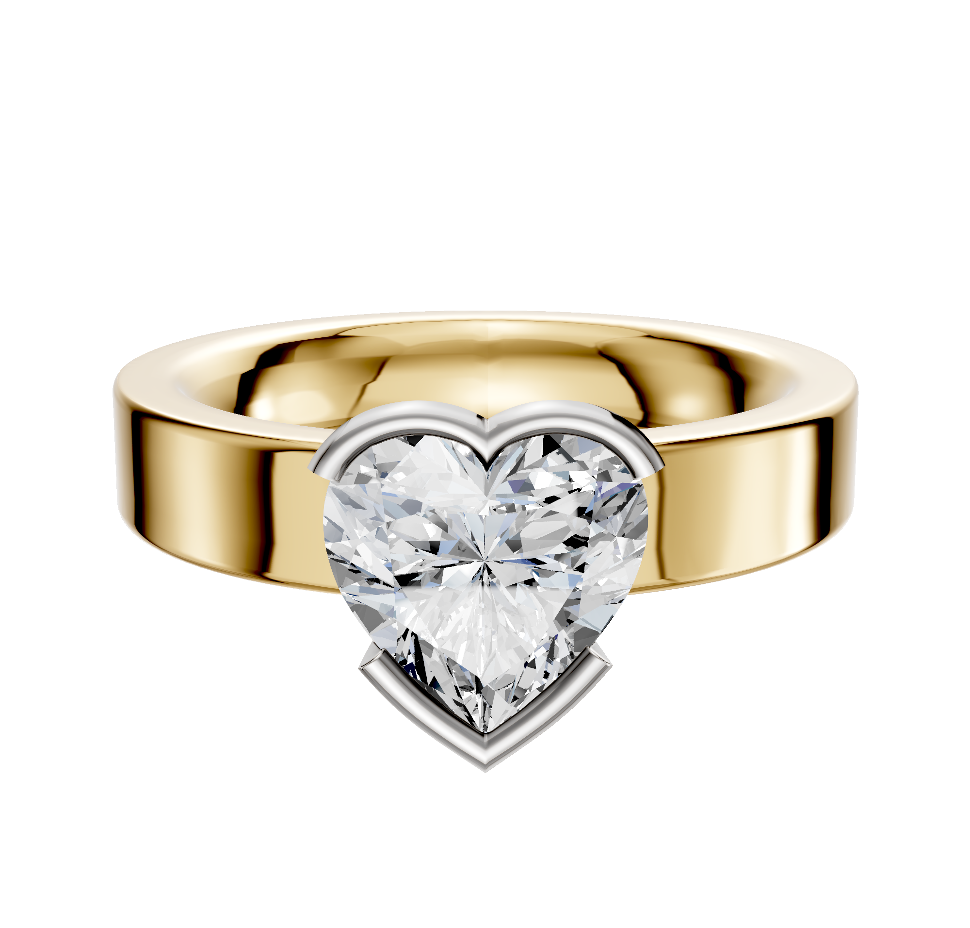 The 14K Two Tone Bezel Half Bezel East/West Classic Flat 4.0mm Engagement Ring showcases a sleek gold band with silver accents, featuring a standout, modern bezel-set center stone.