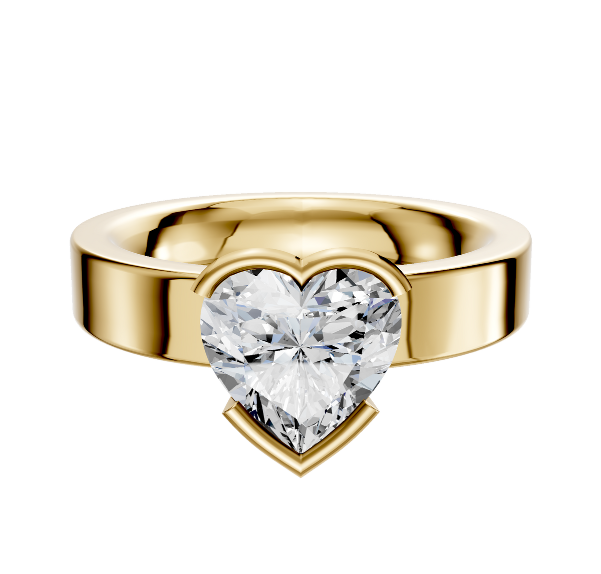 An 18K yellow gold classic flat 4.0mm band engagement ring with a bezel half-bezel east/west setting, displayed on a plain white background.