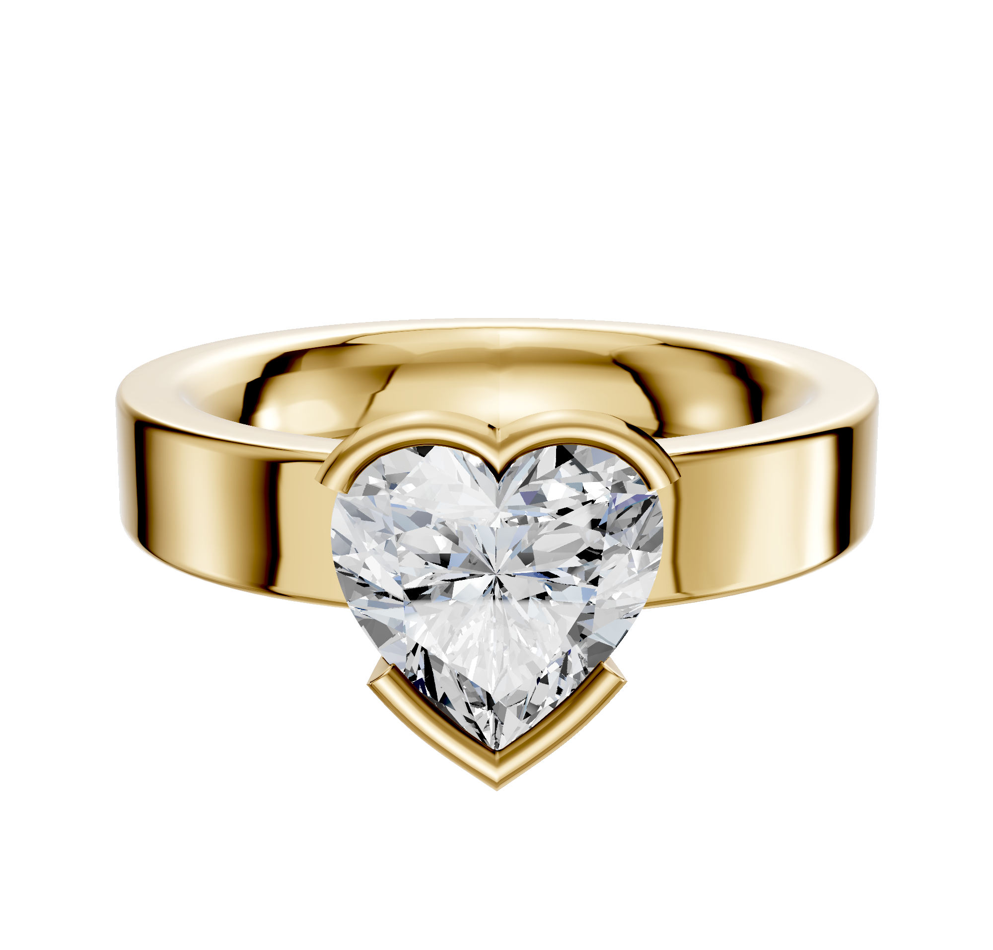 An 18K yellow gold classic flat 4.0mm band engagement ring with a bezel half-bezel east/west setting, displayed on a plain white background.