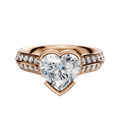 A 14K rose gold engagement ring with a half bezel east/west cathedral design, knife edge band, and a 2.5mm row of pave diamonds, displayed on a white background.