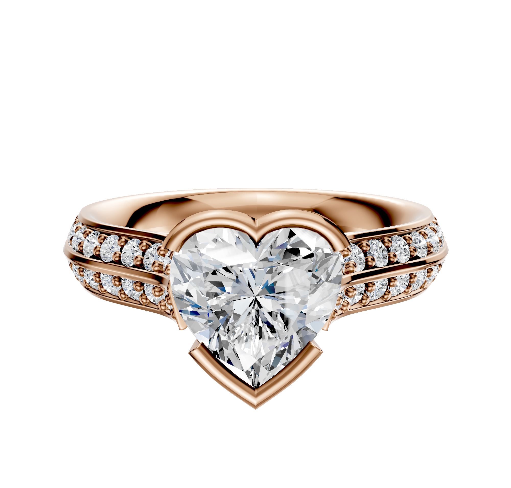 A 14K rose gold engagement ring with a half bezel east/west cathedral design, knife edge band, and a 2.5mm row of pave diamonds, displayed on a white background.
