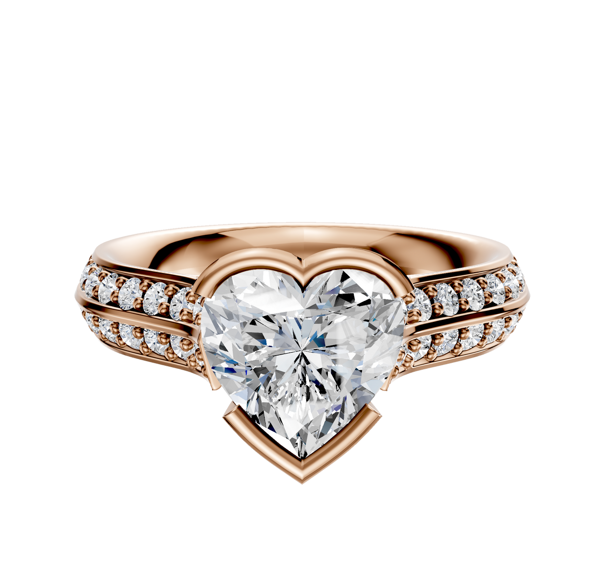 An 18K rose gold Cathedral Knife Edge engagement ring featuring a 2.5mm bezel-set center, east/west orientation, and a single row of pave diamonds along the band.