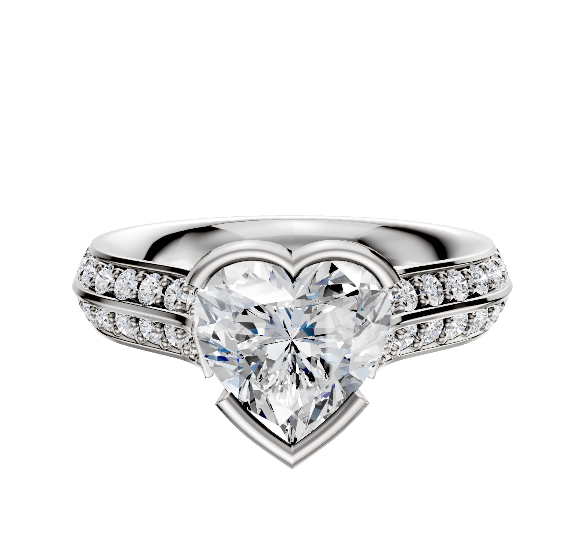 A platinum engagement ring with a bezel-set east/west cathedral design, knife-edge band, and a single row of pave diamonds, shown on a white background.