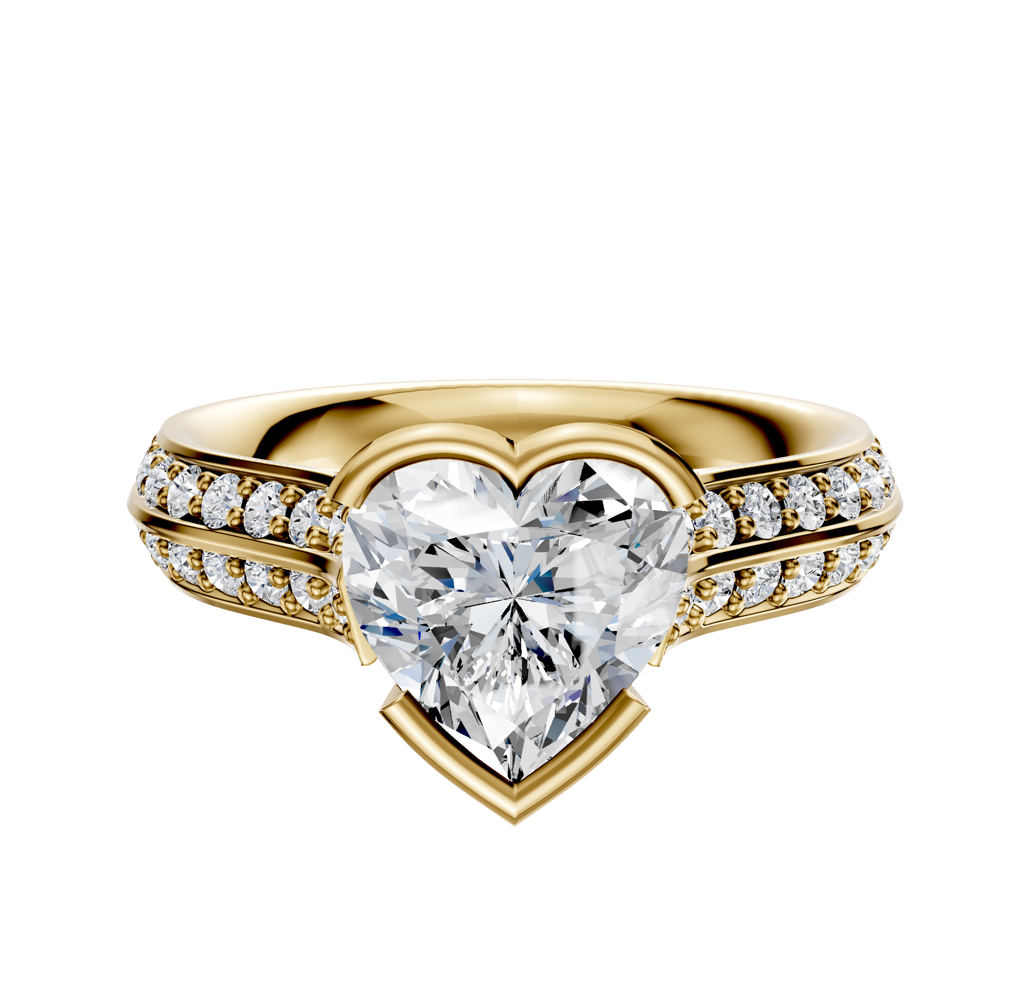 A 14K yellow gold engagement ring with a half bezel east/west cathedral knife-edge design and a 2.5mm band featuring a single row of pave-set diamonds.