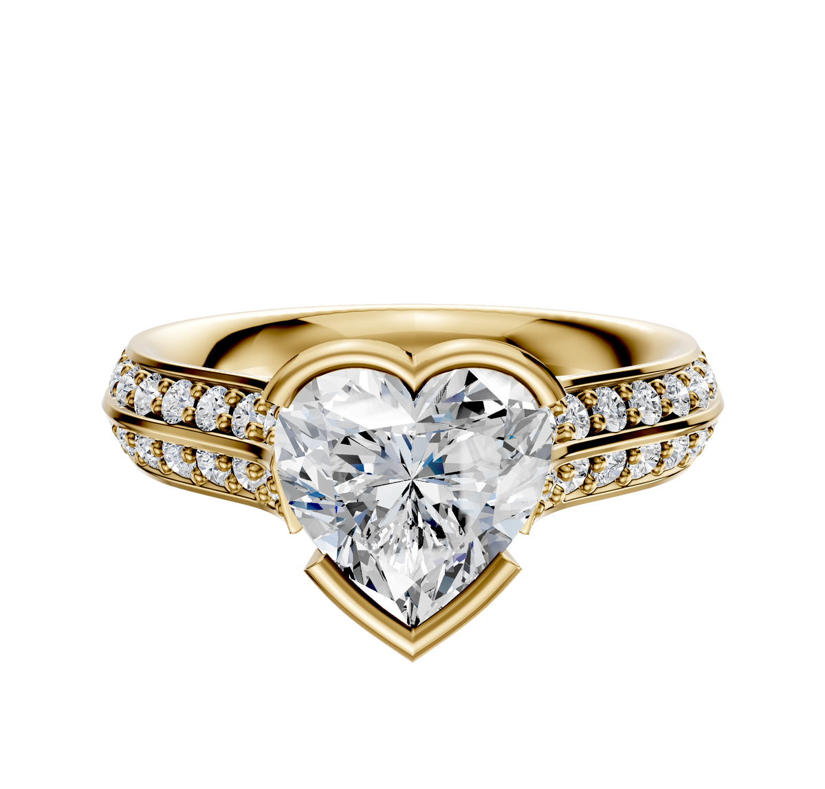 An 18K yellow gold engagement ring with a knife edge and half bezel east/west cathedral setting, featuring a central diamond and a single row of pave-set diamonds along the 2.5mm band.
