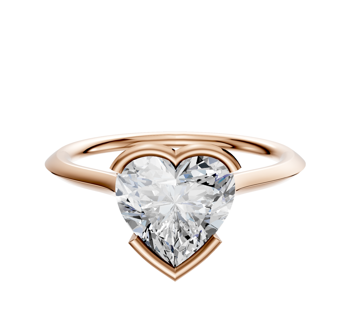 A 14K rose gold Bezel Half Bezel East/West Cathedral Knife Edge 1.5mm engagement ring is displayed against a plain white background.