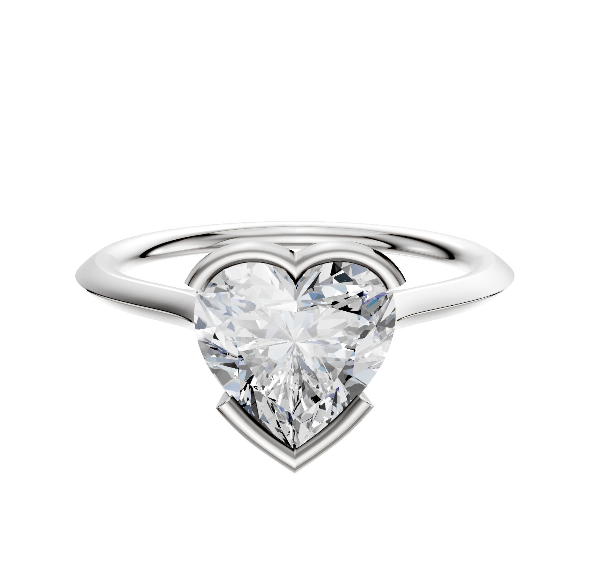A 14K white gold bezel half bezel east/west cathedral knife edge 1.5mm engagement ring is displayed against a white background.