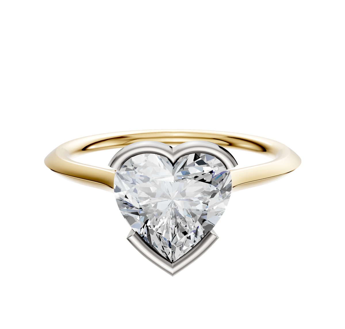 The 14K Two Tone Bezel Half Bezel East/West Cathedral Knife Edge 1.5mm Engagement Ring is showcased on a plain white background, highlighting its elegant design and mixed metal setting.