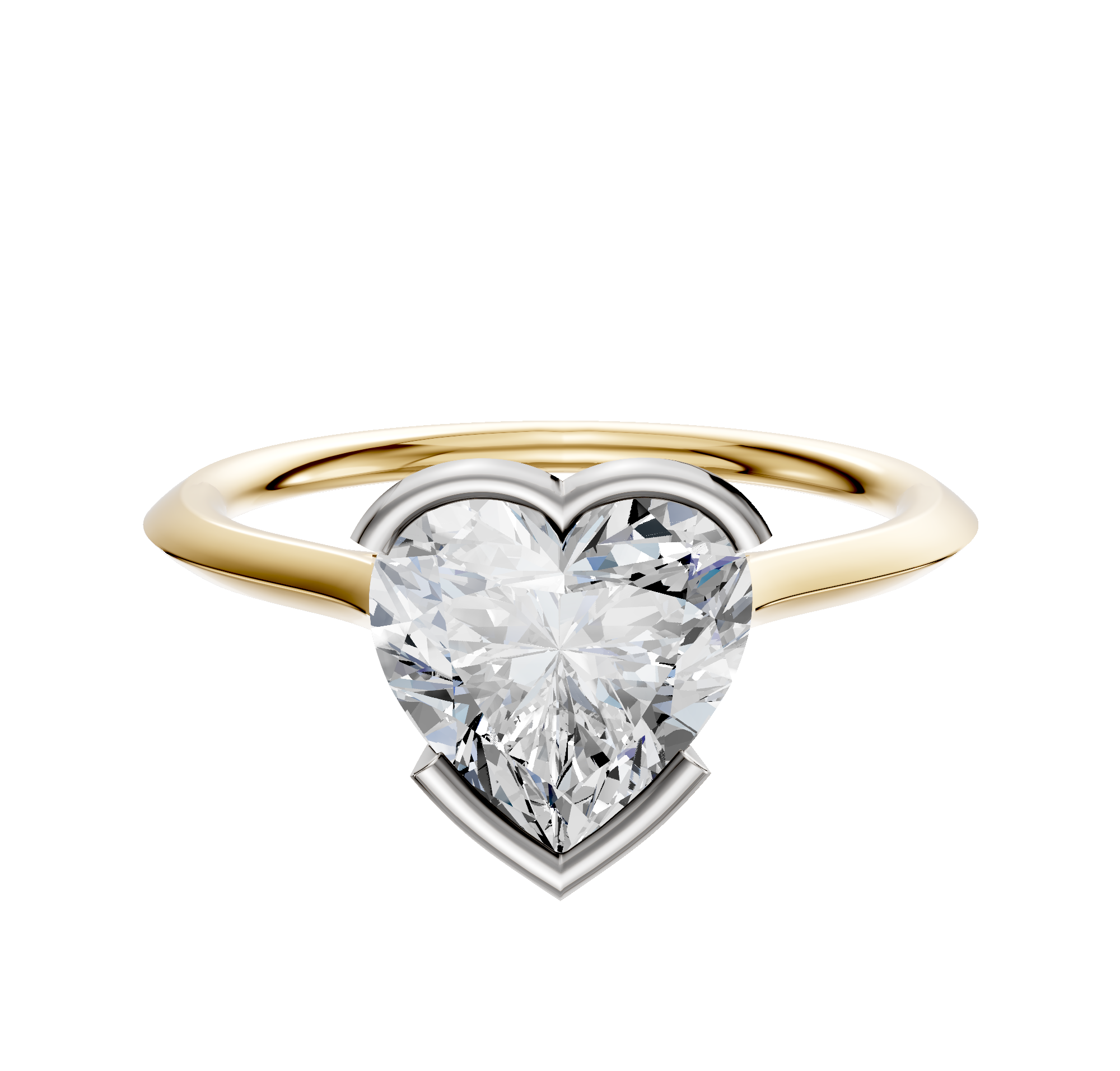 An 18K two-tone bezel half bezel East/West cathedral knife edge 1.5mm engagement ring, with its distinctive design, is showcased on a plain white background.