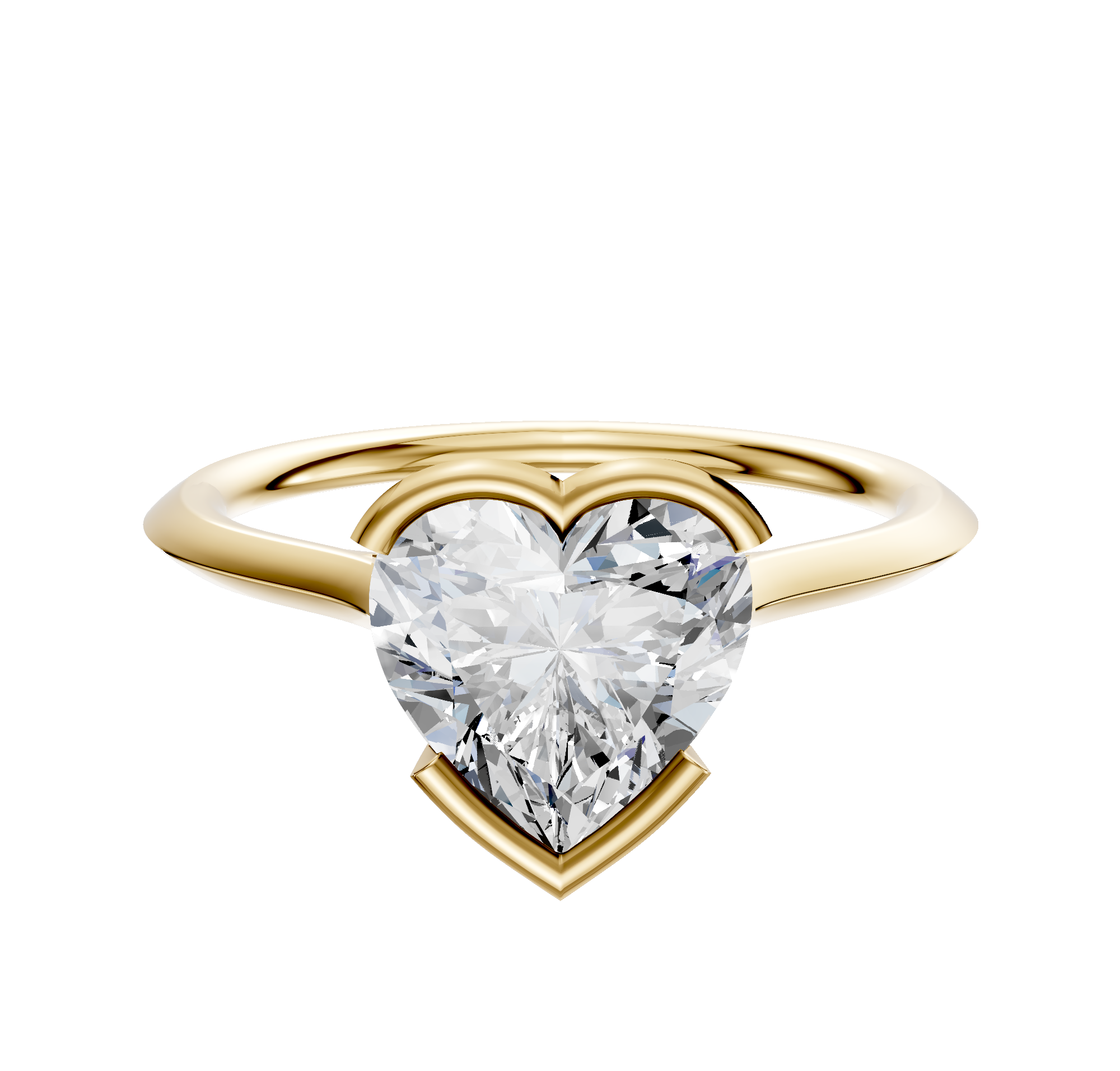 An 18K yellow gold bezel half bezel east/west cathedral knife edge 1.5mm engagement ring displayed against a plain white background.