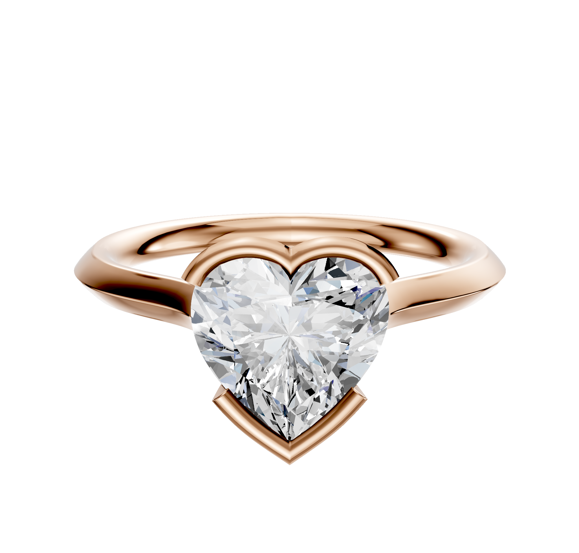 A 14K rose gold bezel half bezel east/west cathedral knife edge 2.0mm engagement ring is displayed on a plain white background.
