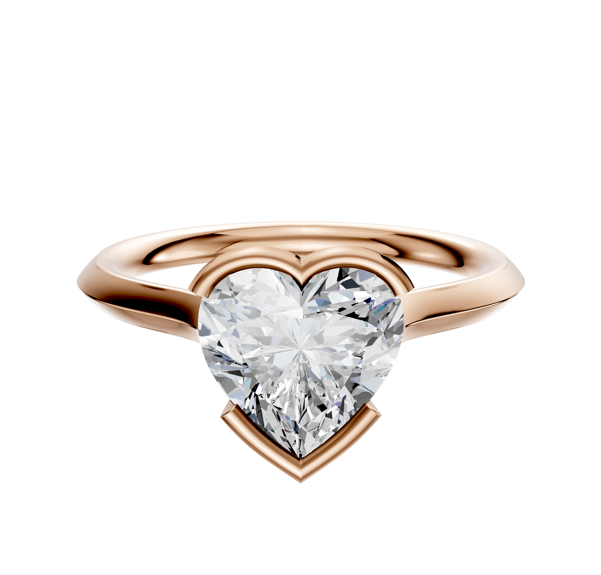 An 18K rose gold bezel half bezel east/west cathedral knife edge 2.0mm engagement ring is shown on a plain white background.