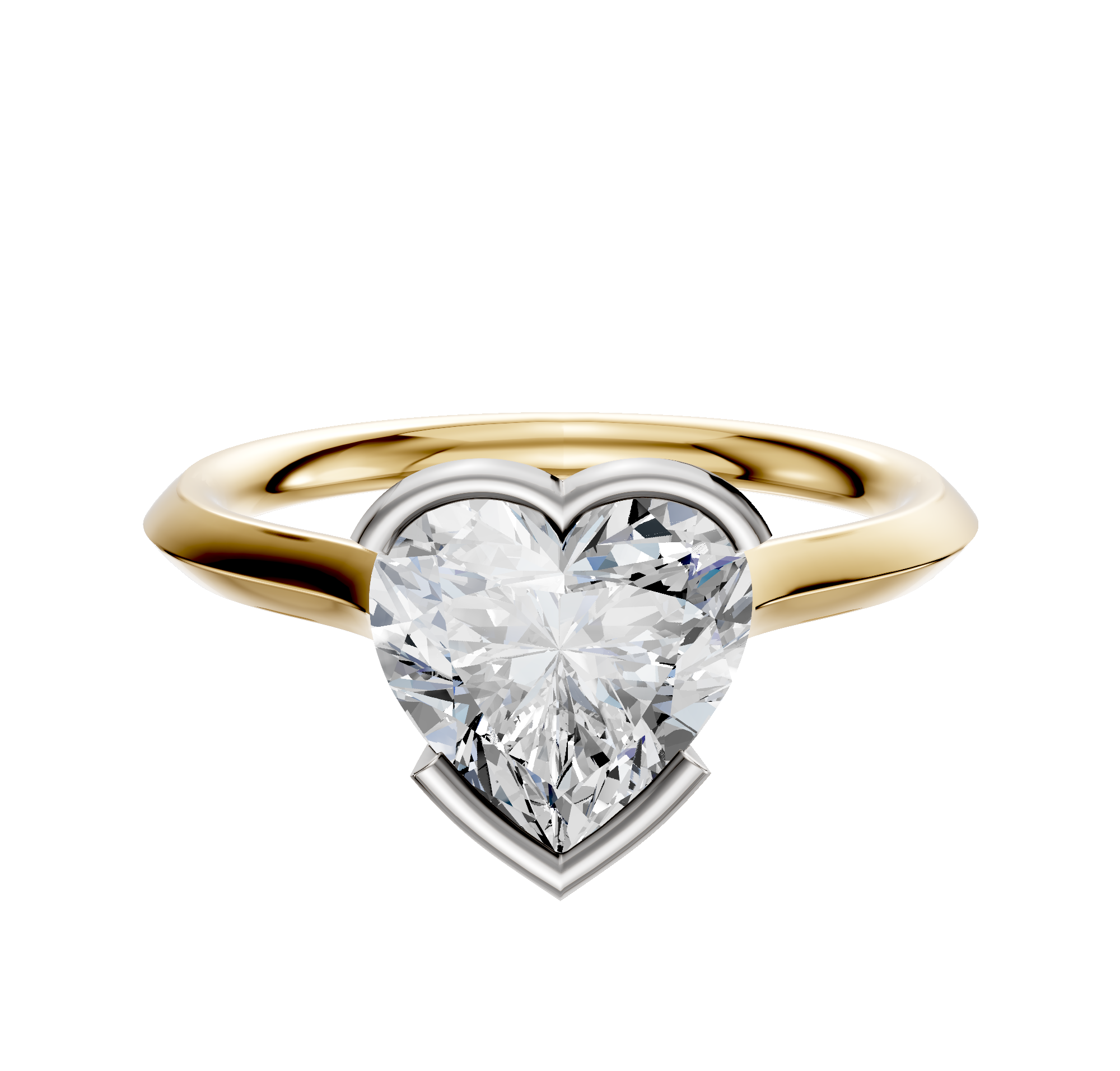 A 14K two-tone engagement ring with a 2.0mm cathedral knife edge and east/west bezel half-bezel setting, displayed against a plain white background.