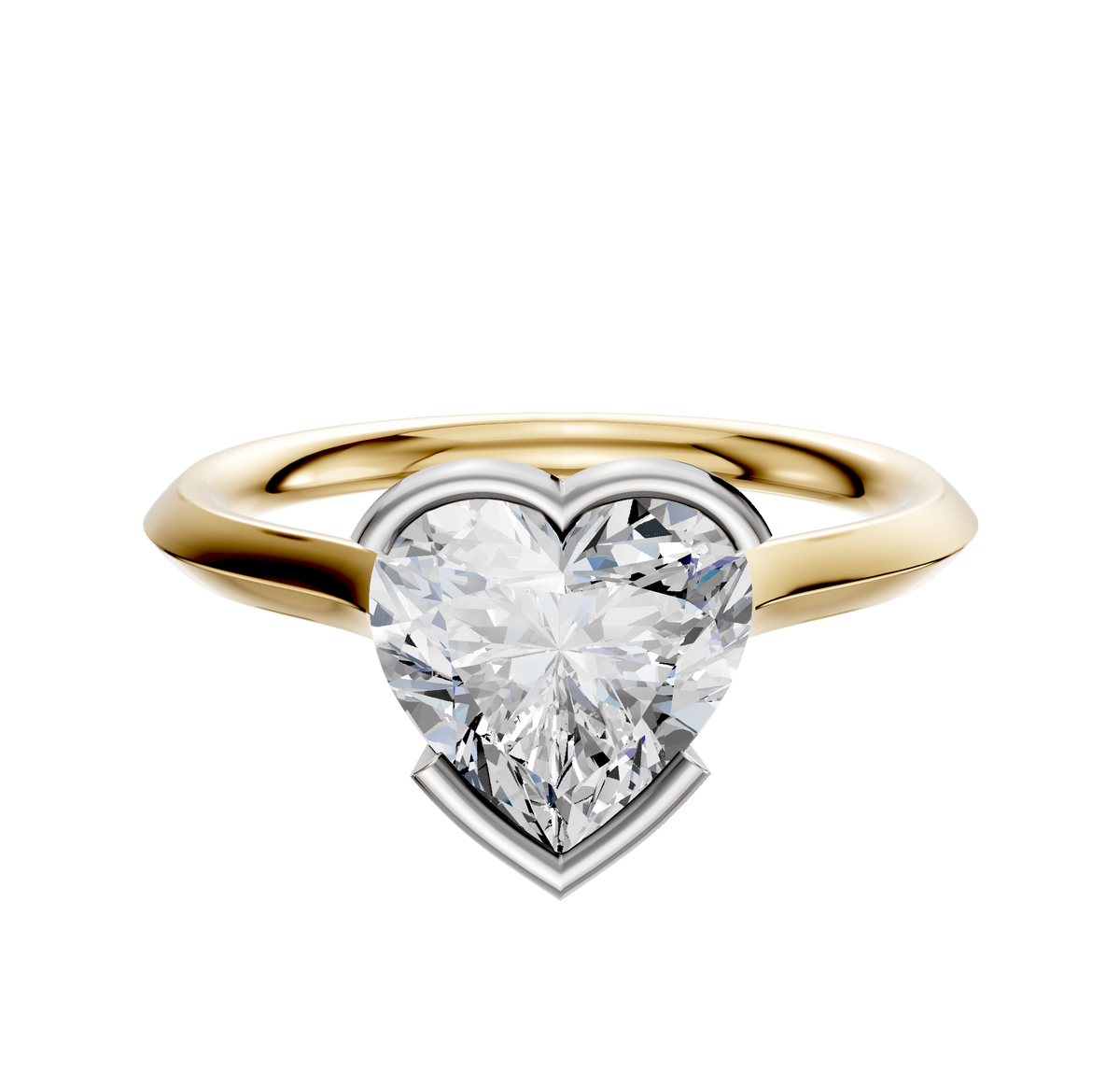 An 18K two-tone bezel half bezel east/west cathedral knife edge 2.0mm engagement ring is displayed on a plain white background.