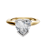 An 18K two-tone bezel half bezel east/west cathedral knife edge 2.0mm engagement ring is displayed on a plain white background.