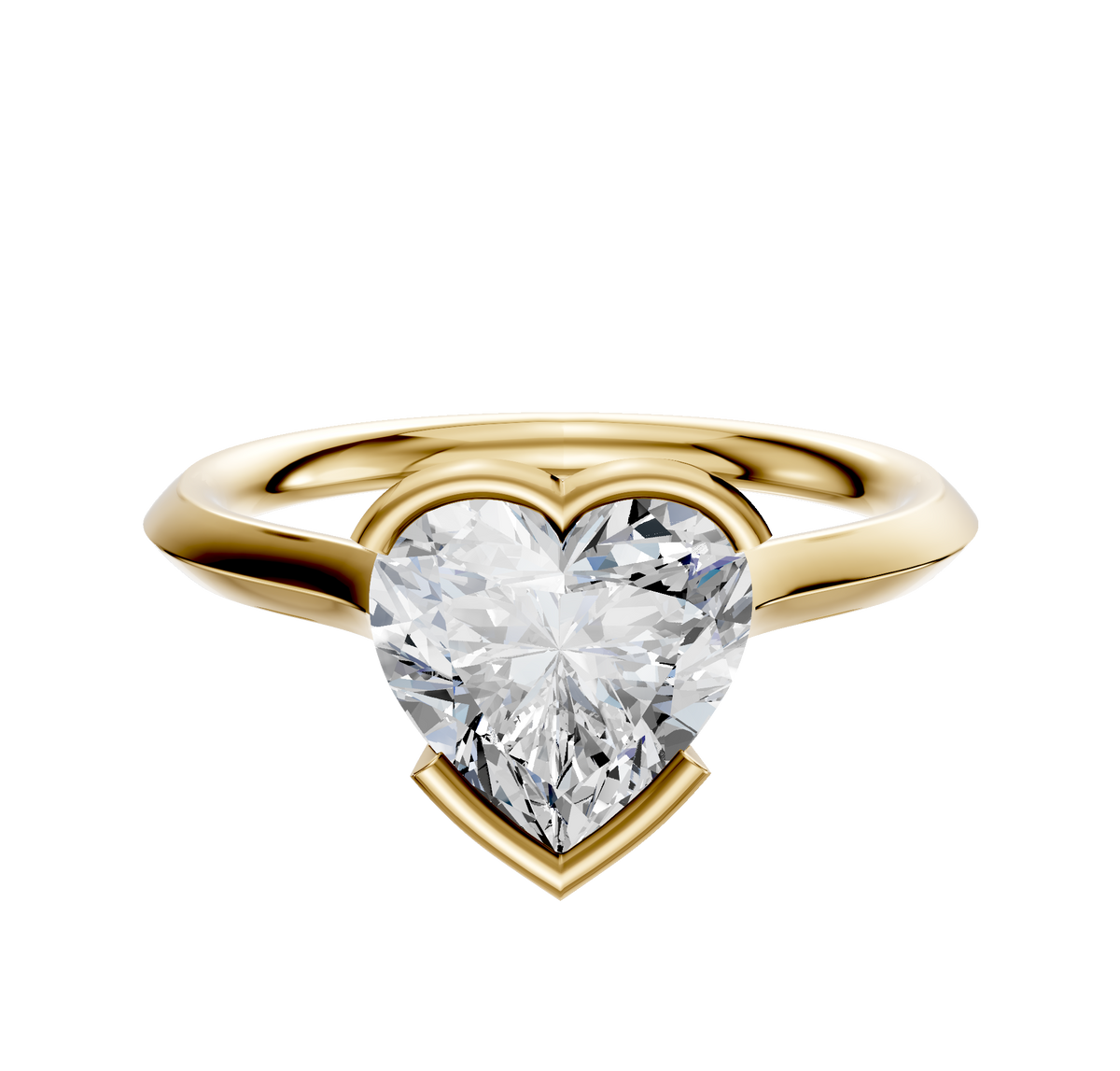 A 14K yellow gold cathedral knife edge engagement ring with a 2.0mm band and half bezel east/west setting, shown against a plain white background.
