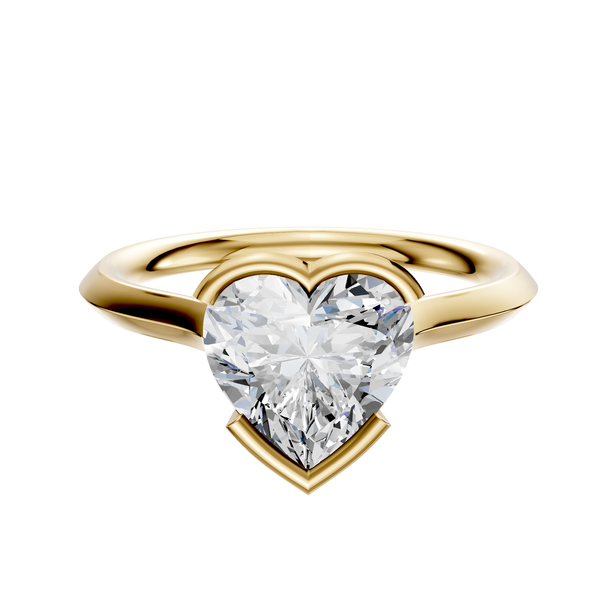 An 18K yellow gold bezel half bezel east/west cathedral knife edge 2.0mm engagement ring is displayed against a plain white background.