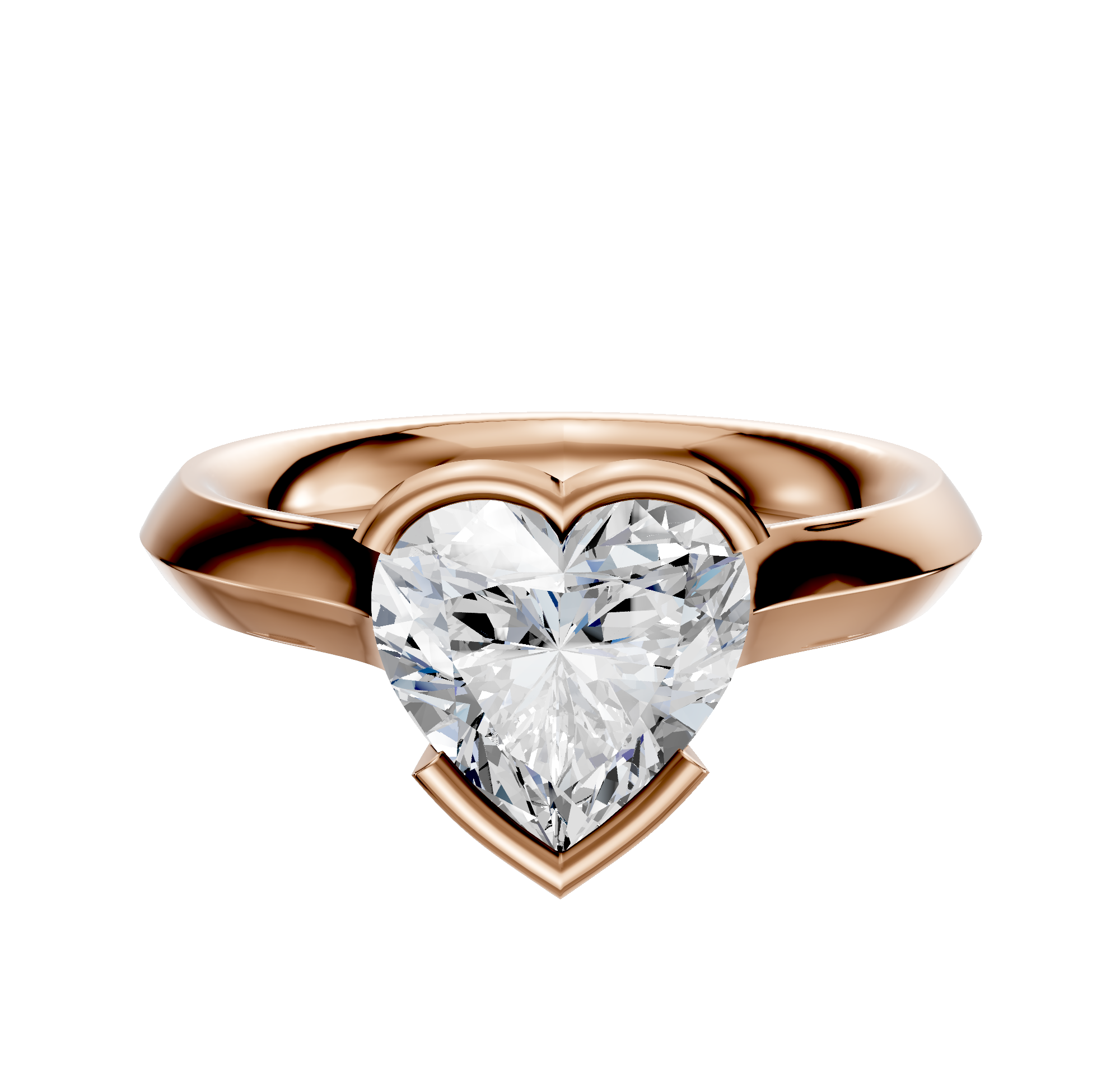 A 14K rose gold bezel half bezel east/west cathedral knife edge 3.0mm engagement ring is displayed on a white background.