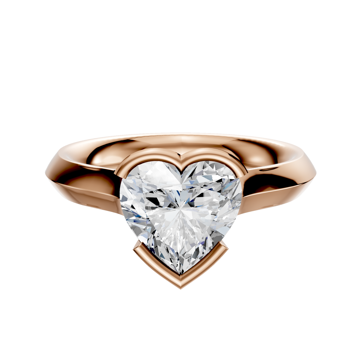 An 18K rose gold engagement ring with a bezel half bezel east/west cathedral knife edge 3.0mm band is showcased against a plain white background.