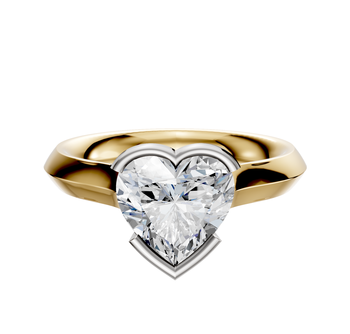 An 18K two-tone bezel half-bezel east/west cathedral knife edge 3.0mm engagement ring is shown on a plain white background, featuring a unique setting that blends gold and silver tones for an elegant look.