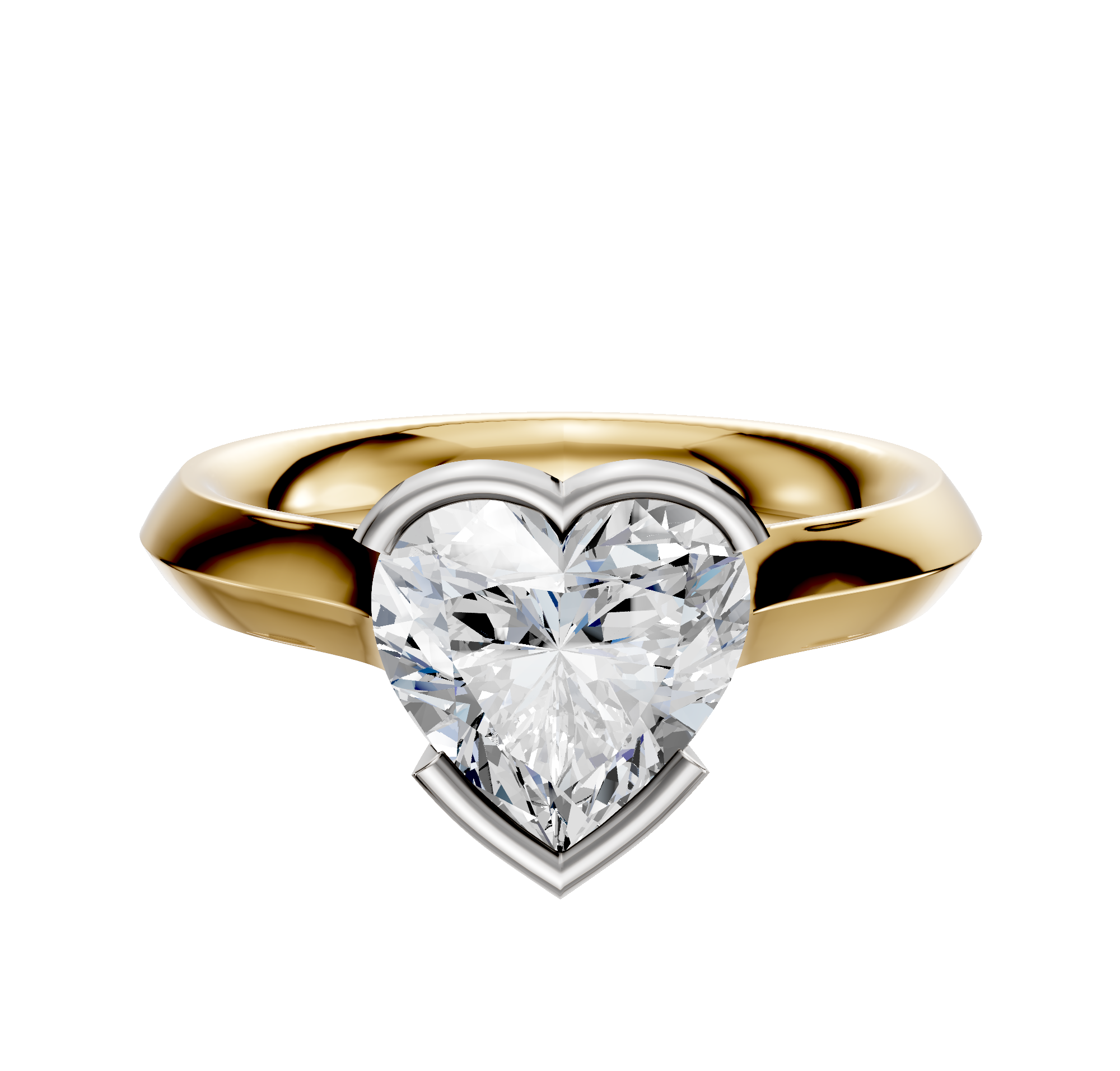 An 18K two-tone bezel half-bezel east/west cathedral knife edge 3.0mm engagement ring is shown on a plain white background, featuring a unique setting that blends gold and silver tones for an elegant look.