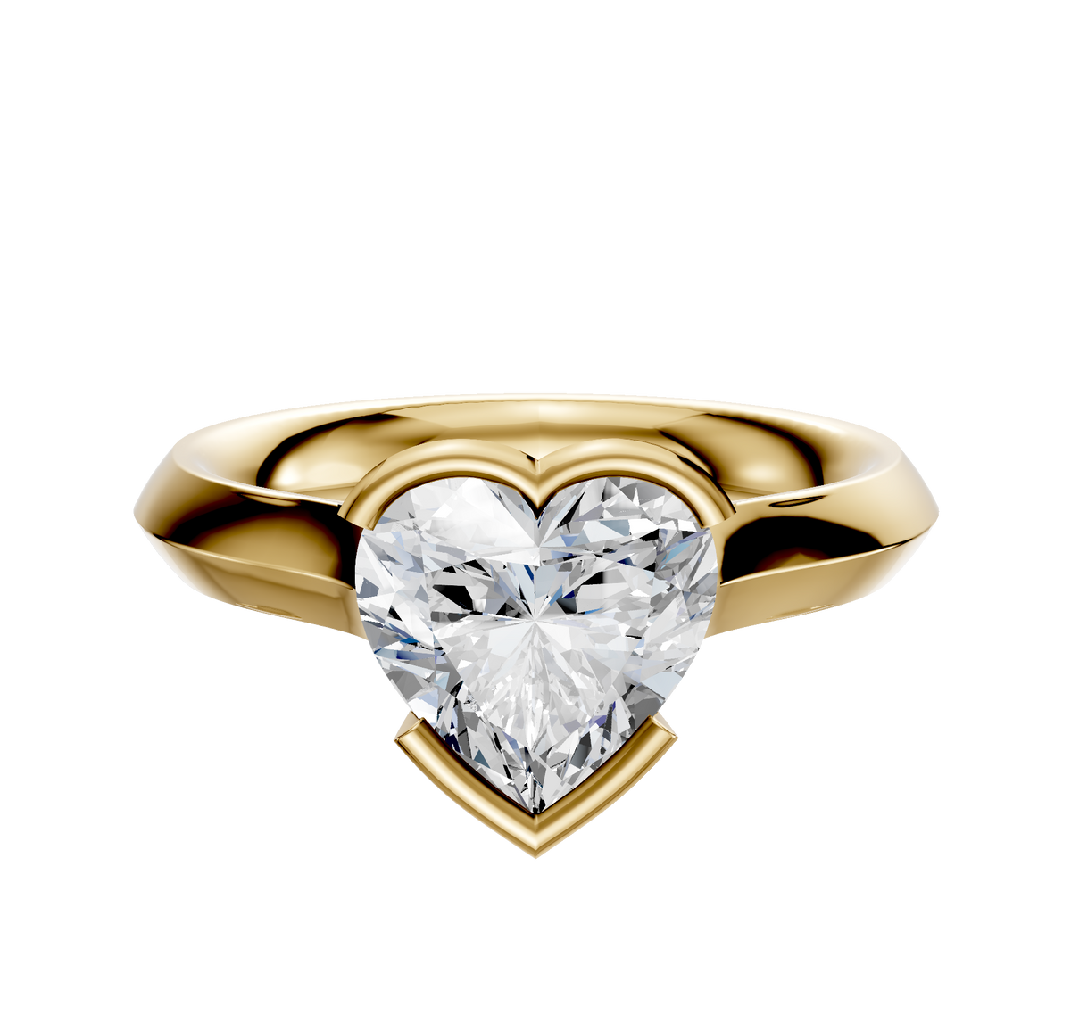 A 14K yellow gold bezel half bezel east/west cathedral knife edge 3.0mm engagement ring is displayed on a plain white background.