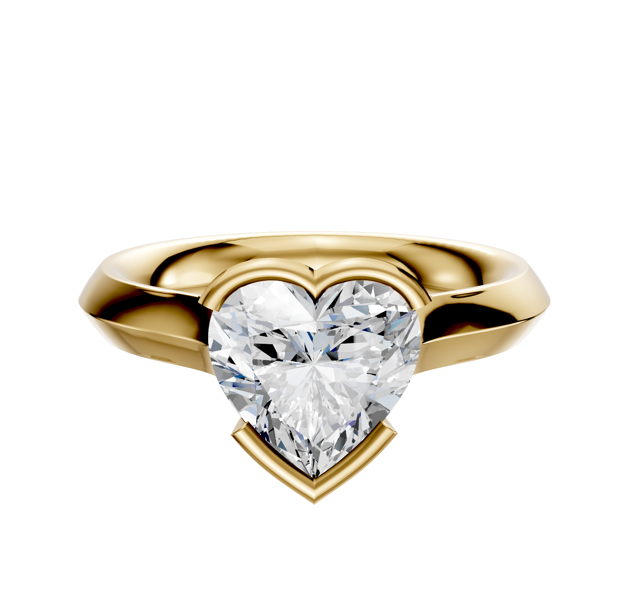 A 14K yellow gold bezel half bezel east/west cathedral knife edge 3.0mm engagement ring is displayed on a plain white background.