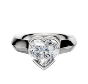 A 14K white gold bezel half bezel east/west cathedral knife edge 4.0mm engagement ring is shown against a plain white background.