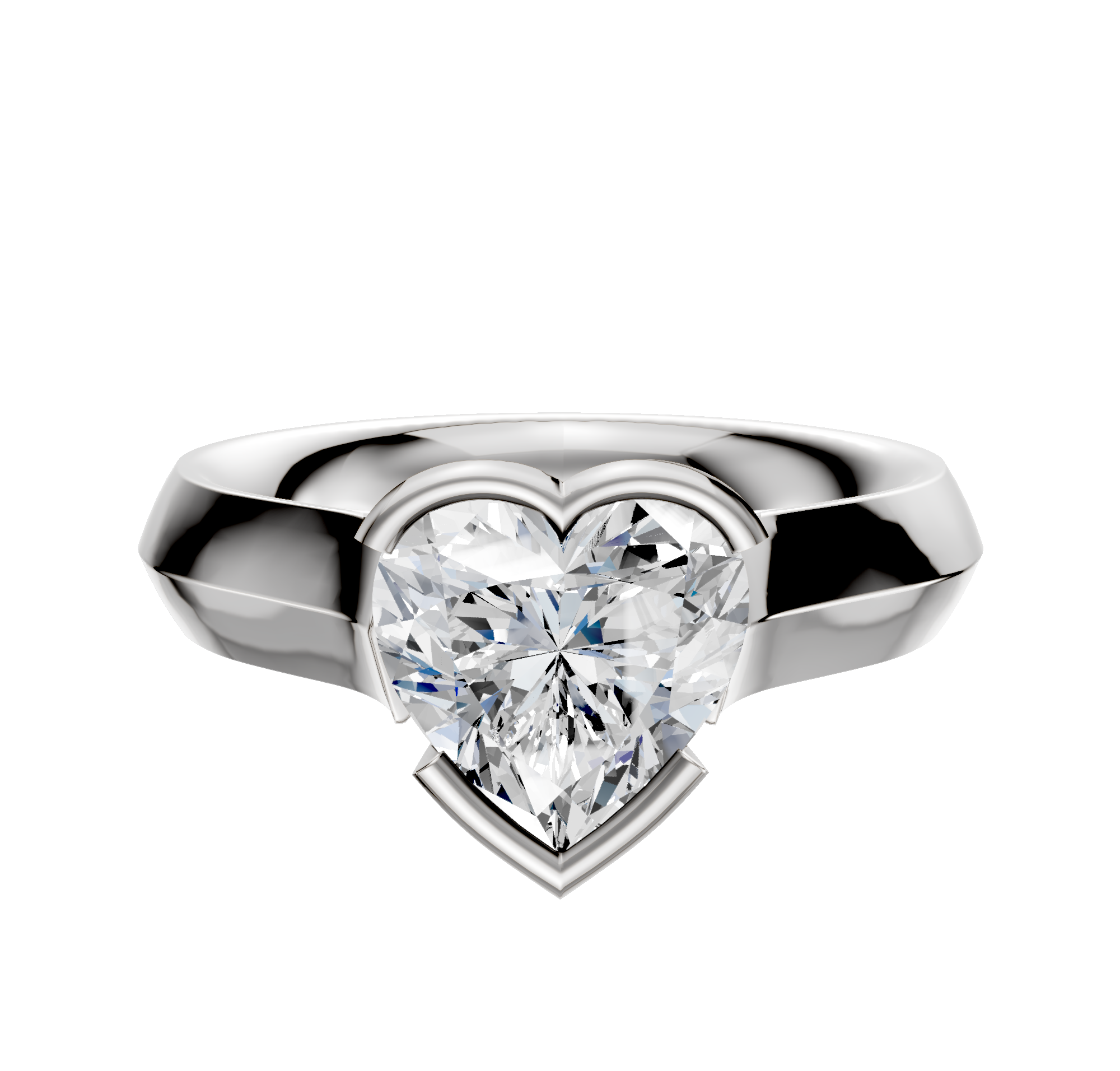 A 14K white gold bezel half bezel east/west cathedral knife edge 4.0mm engagement ring is shown against a plain white background.