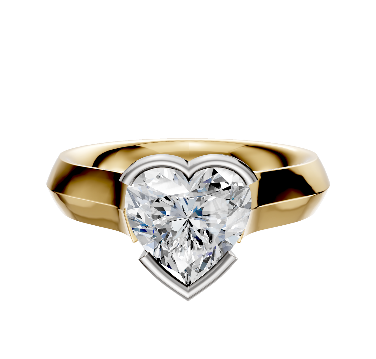 The 14K Two Tone Bezel Half Bezel East/West Cathedral Knife Edge 4.0mm Engagement Ring is displayed on a white background, featuring a gold and silver design with an elegant cathedral setting.