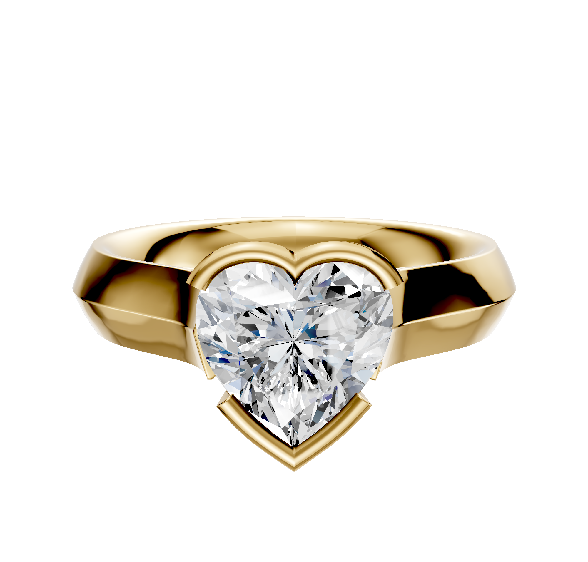 A 14K yellow gold bezel half bezel east/west cathedral knife edge 4.0mm engagement ring, featuring a sleek polished band and displayed against a plain white background.