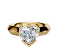 An 18K yellow gold bezel half bezel east/west cathedral knife edge 4.0mm engagement ring is shown against a plain white background.
