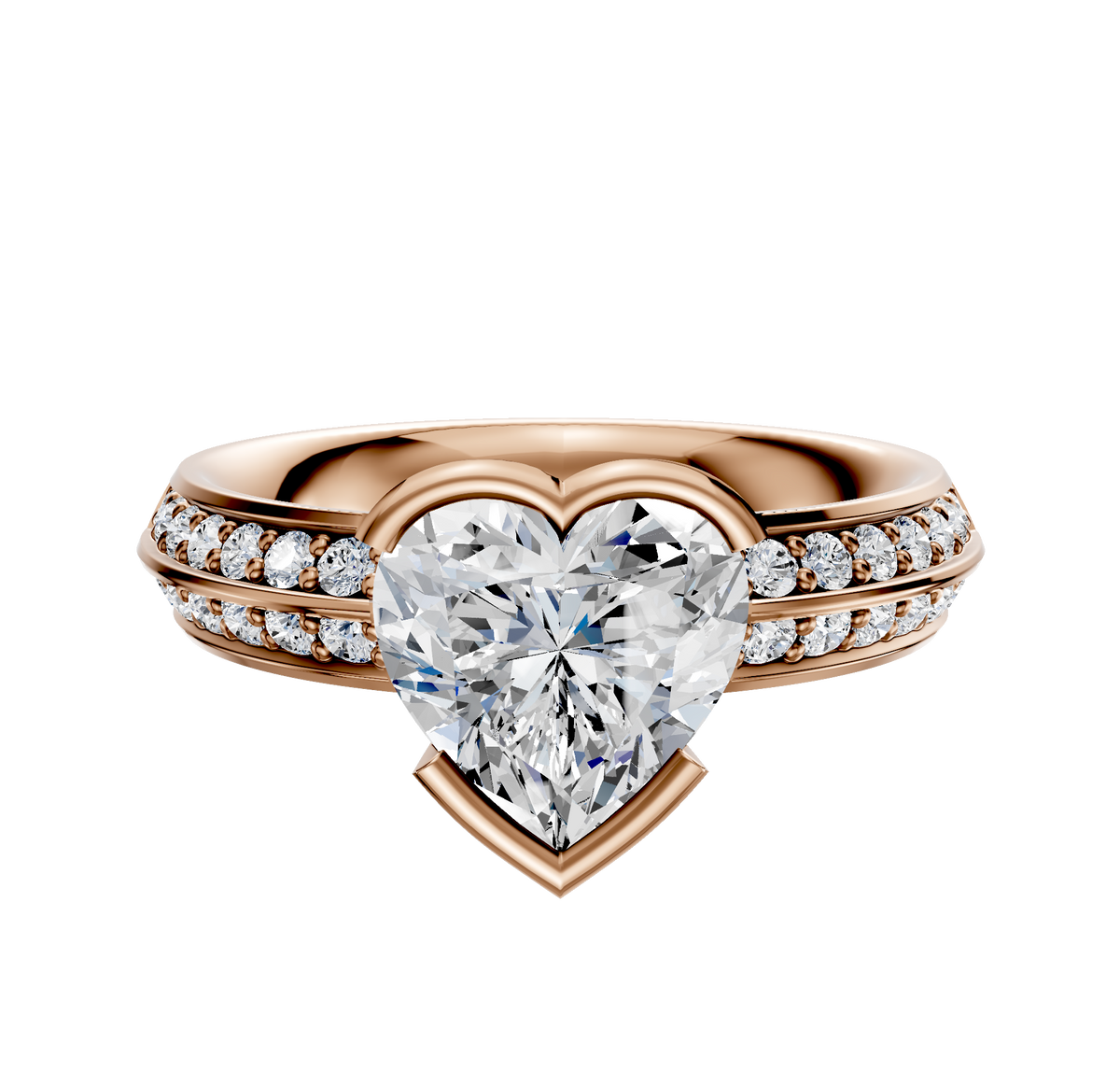 The 14K Rose Gold Bezel Half Bezel East/West Classic Knife Edge engagement ring features a 2.5mm band with a single row of pave diamonds for classic elegance.