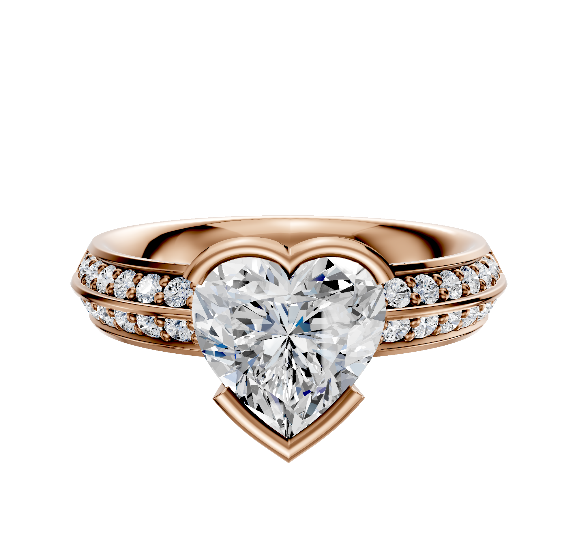 An 18K rose gold engagement ring with a classic knife edge, east/west setting, and a single row of pavé diamonds along the 2.5mm band.