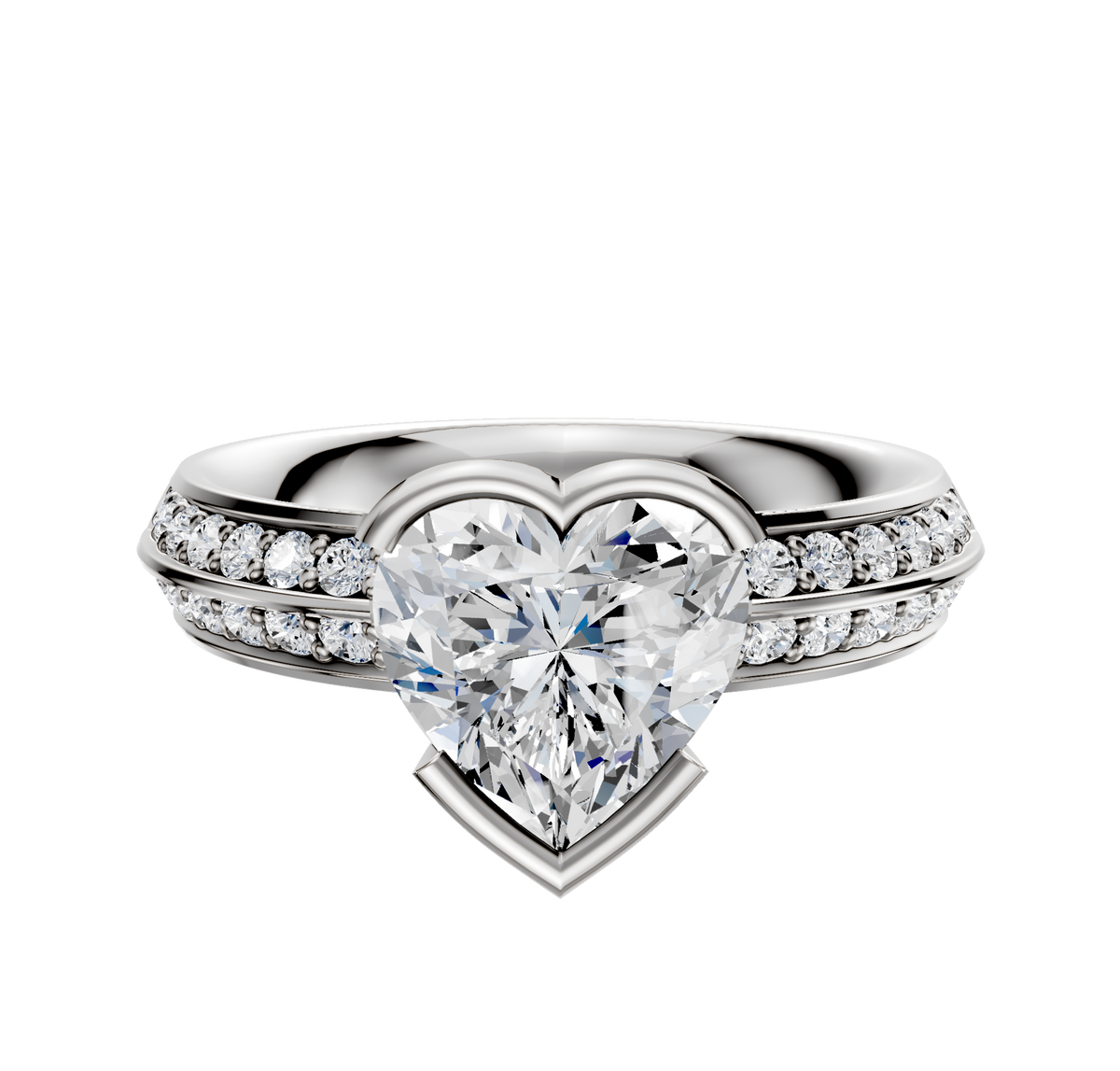 A 14K white gold engagement ring with a classic knife edge and single row of pavé-set diamonds, featuring a half bezel east/west design.