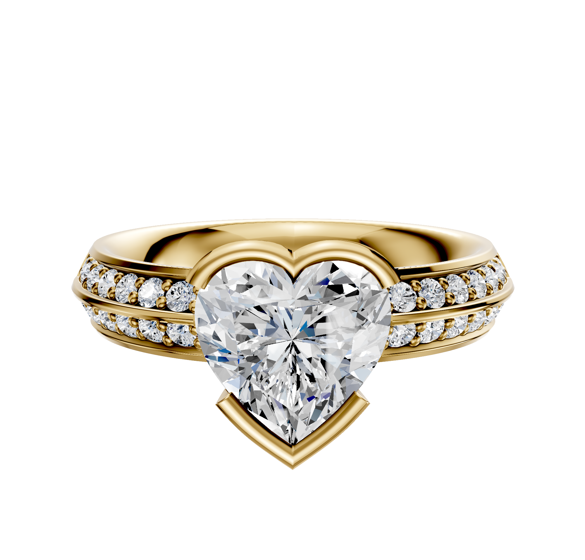 A 14K yellow gold classic knife-edge engagement ring featuring a 2.5mm center stone in an east/west bezel setting, accented by one row of pavé diamonds along the band.