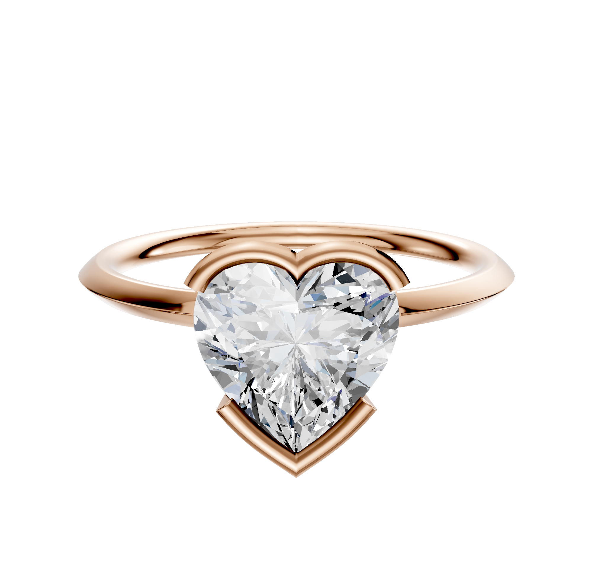 A 14K rose gold bezel half bezel east/west classic knife edge 1.5mm engagement ring with a large heart-shaped diamond solitaire, showcased on a plain white background.