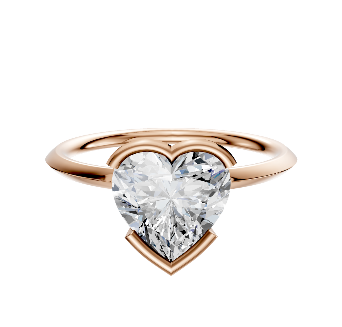 An 18K rose gold bezel half bezel east/west classic knife edge 1.5mm engagement ring, featuring a large heart-shaped clear diamond as the centerpiece, set against a plain white background.