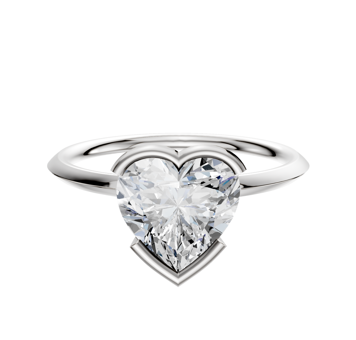 An 18K white gold bezel half bezel East/West classic knife edge 1.5mm engagement ring is shown on a plain white background.