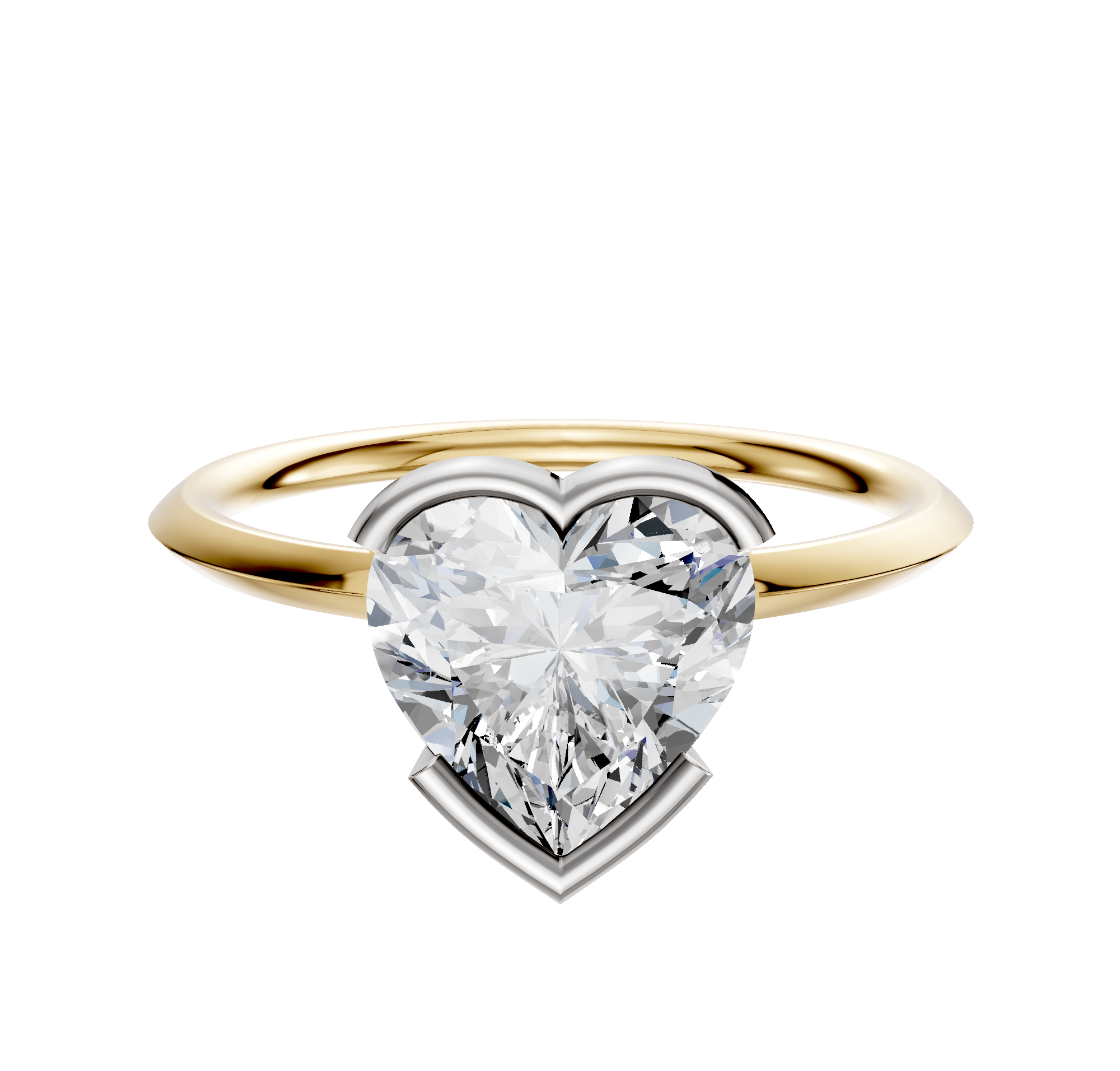 An 18K two tone bezel half bezel east/west classic knife edge 1.5mm engagement ring displayed on a plain white background.