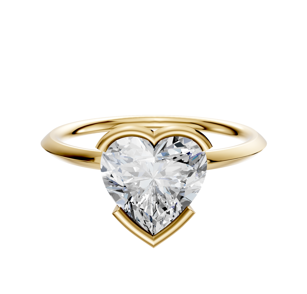 An 18K yellow gold bezel half bezel east/west classic knife edge 1.5mm engagement ring is showcased against a plain white background.
